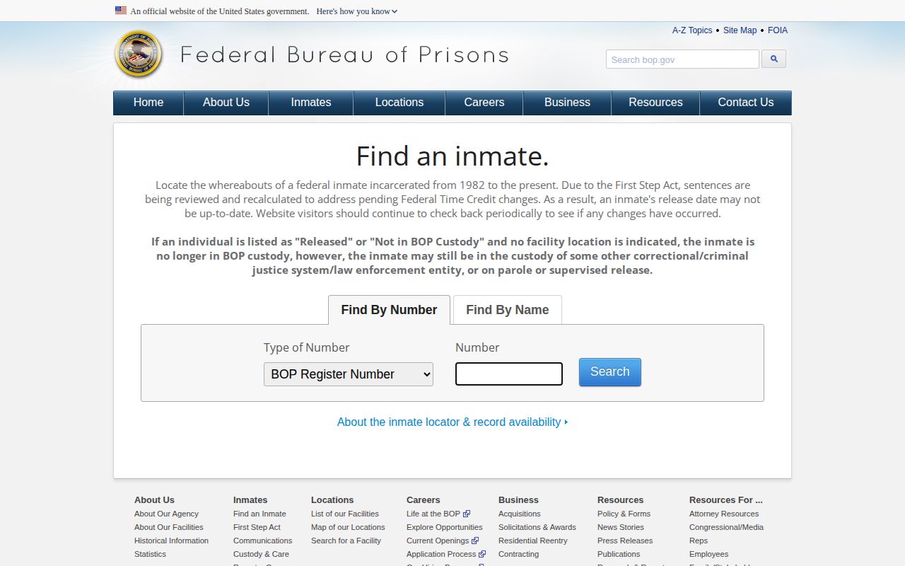 BOP locator for a federal Bedford County release record