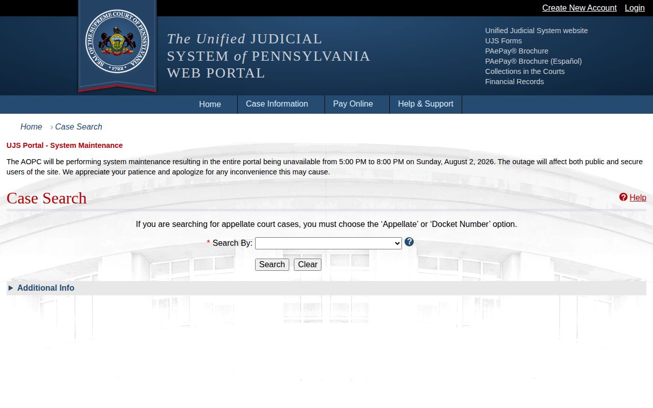 Pennsylvania court search for Bedford County release records