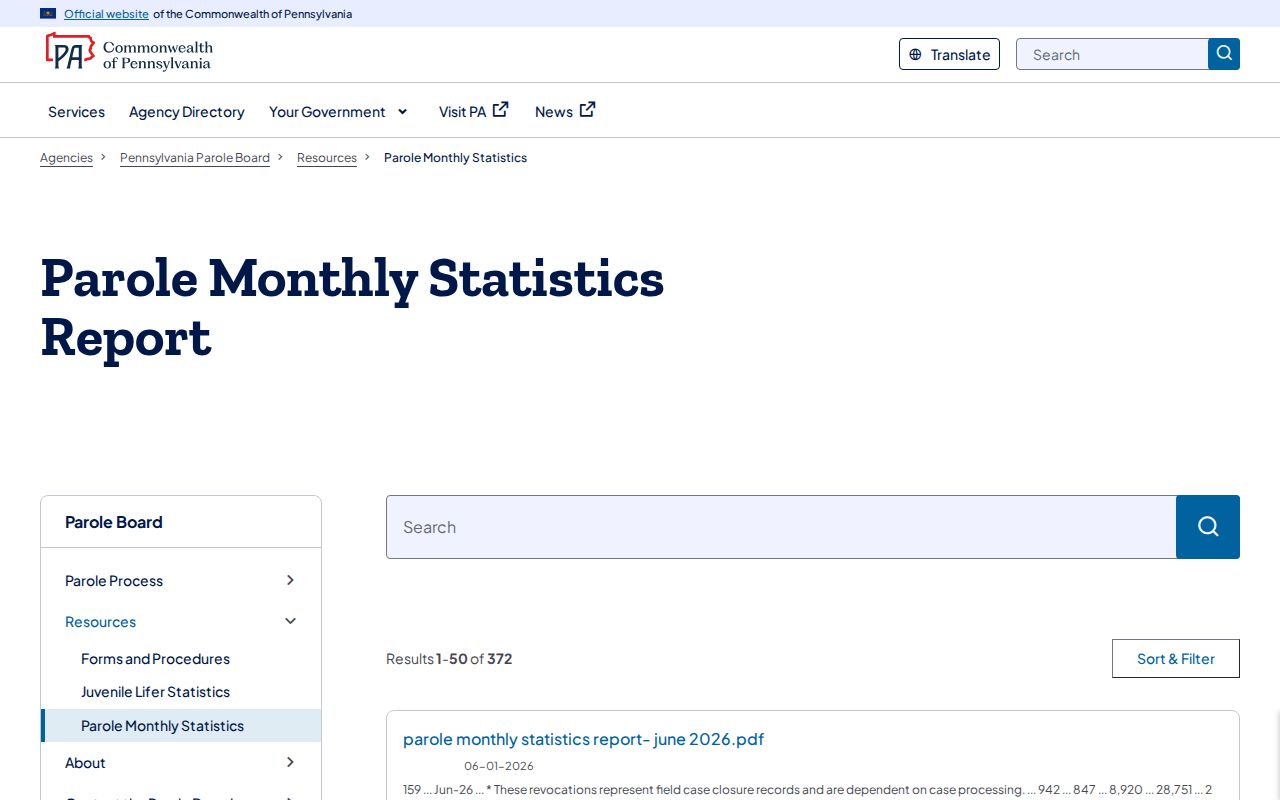 Pennsylvania monthly parole statistics relevant to Bedford County parole decisions