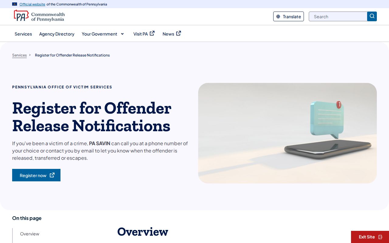 Pennsylvania SAVIN instructions for Bedford County release alerts and PIN setup